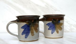 Set 2 Handmade Pottery Mugs Cups Rustic Blue Flower Brown Stoneware 1980s Vtg