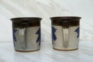 Set 2 Handmade Pottery Mugs Cups Rustic Blue Flower Brown Stoneware 1980s VTG 2