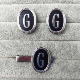 Swank Black And Silver Tone Initial G Oval Cuff Links And Tie Clasp Set Vintage