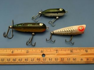 Heddon (3) Baby Torpedo Tiny Torpedo And Tiny Chugger Vintage Fishing Lures