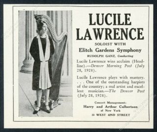 1928 Lucile Lawrence Photo Harp Recital Booking Vintage Print Ad