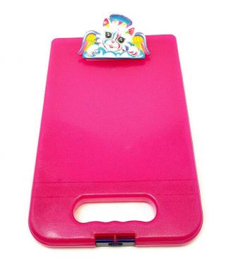 Lisa Frank Angel Cat Bright Pink Glitter Clipboard Storage Container Office Vtg