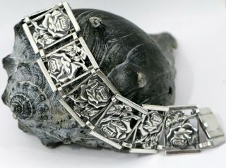 Vintage Sterling Silver 925 Square Repousse’ Rose Link Bracelet