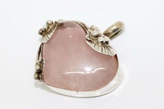 A Heavy Vintage Sterling Silver 925 Rose Quartz Love Heart Shaped Pendant 13149