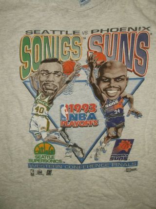 Vtg 90’s Nba Playoffs T - Shirt Lg Kemp Barkley Caricature Nba Basketball Sonics S