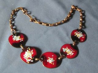 Vintage Copper - Tone Metal Multicolor Enamel Necklace Bracelet Demi - Parure 4