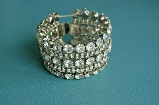 Outstanding Vintage Clear Rhinestone 1 - 1/2 " Wide Bracelet With Safety Chain
