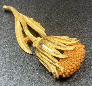 Signed B.  S.  K Vintage Brooch Pin Huge 3” Flower Gold Tone Orange Lucite