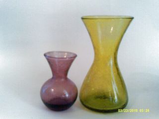 2 Vintage Blenko Crackle Glass Vases Green And Purple Amethyst
