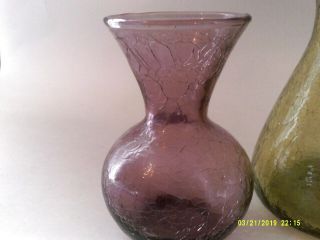 2 Vintage Blenko Crackle Glass Vases Green And Purple Amethyst 4