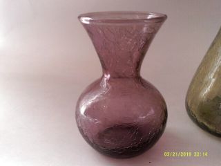 2 Vintage Blenko Crackle Glass Vases Green And Purple Amethyst 5
