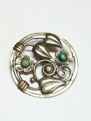 Vintage Mexico Silver Art Deco Turquoise Flower Floral Circle Pin Brooch 19g
