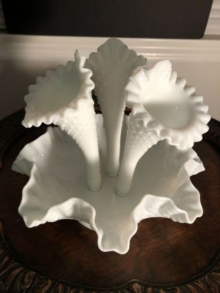 Vintage Fenton Milk Glass Vase 3 Horn Epergne Flower Bowl 8 " Ruffled Hobnail