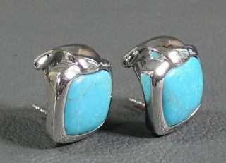 Vtg Sterling Silver &turquoise Gemstone Geometric Pierced Earrings Matching Pair