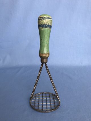 Vintage Potato / Vegetable Masher Green Cream Blue Wood Handle Twisted Wire