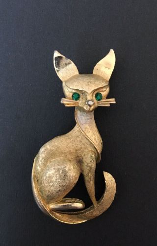 Vintage Cat Brooch Pin With Emerald Eyes
