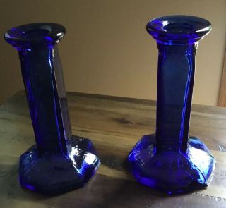 Vintage Set (2) Heavy Cobalt Blue Glass Candle Holders