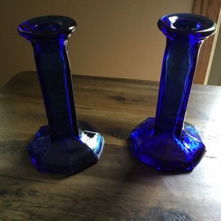 Vintage Set (2) Heavy Cobalt Blue Glass Candle Holders 2