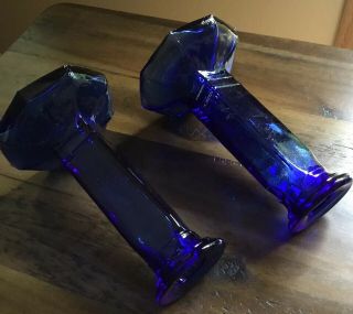 Vintage Set (2) Heavy Cobalt Blue Glass Candle Holders 4