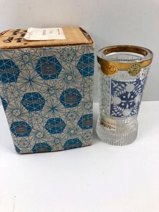Vintage Bohemia Hand Cut 24 Lead Crystal Vase Blue Floral Panel Gold Trim