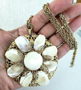 Vtg Mother Of Pearl Big Nugget Medallion Pendant Necklace Gold Tone Lacey