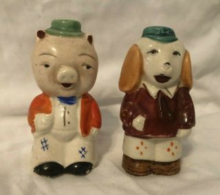Vintage Salt And Pepper Shakers Anthropomorphic Pig And Dog Wearing Hats