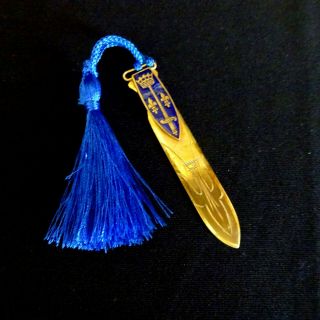 Antique Bookmark Vintage French Blue Fleur De Lis Page Cutter Brass France Books