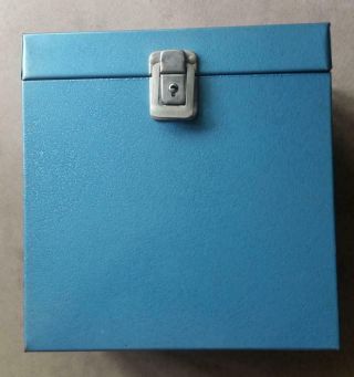 Vintage 7 " Record 45 Rpm Metallic Blue Metal Tote Box Case W/ Leather Handle