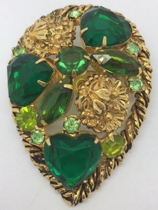 Classy Vintage Green Heart Rhinestone Gold Tone Raised Flowers Brooch Pin
