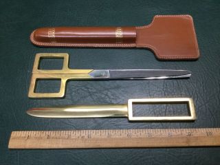Vtg Art Deco Kismet Germany Desk Set Scissors & Letter Opener W/ Leather Case