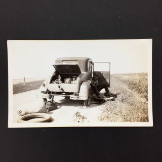 Vintage 1933 Photograph,  Changing Flat Tire On Ford Model A