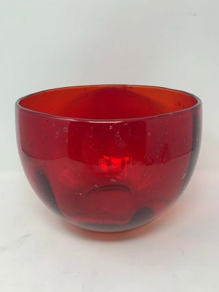 Vintage Blenko Ruby Red Art Glass Hand Blown Bowl Vase Globe 9” X 5”