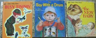 3 Vintage Little Golden Books Busy Timmy,  The Baby,  The Boy With A Drum
