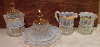 Vintage Set Of 4 Clear Opalescent Glass W/gold Trimming Cheese Dish