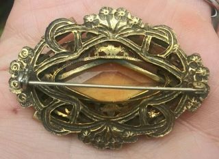 Antique Old Vintage Art Nouveau Citrine Czech Glass Enamel Brass Sash Pin Brooch 3