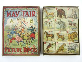 Antique Vtg 1919 May Fair Abc Picture Blocks Wood Wooden Toy Victorian Box