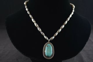 Vintage Sterling Silver Beaded Necklace W Turquoise Stone - 28g