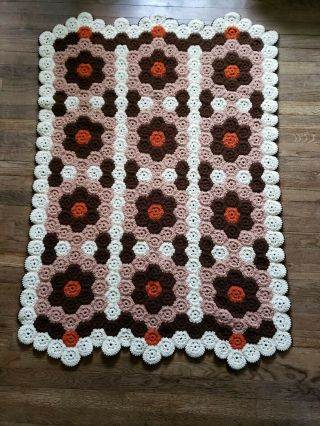 Vtg Handmade Afghan Blanket Crochet Flowers Hexagon Granny Square Throw Browns