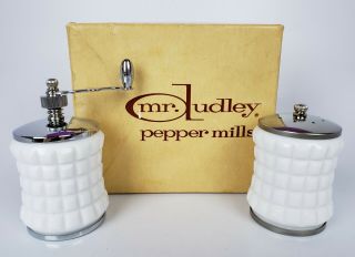 Vintage Mr.  Dudley Pepper Mills White Milk Glass Stainless Steel English Hobnail