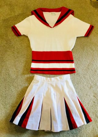 Vintage 1981 Cheer Leading Uniform Red White Skirt Top Sweater Kandel Mills 9 S