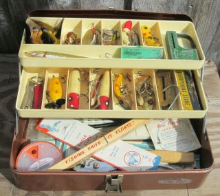 Vintage Old Pal Bronze Metal Tackle Box With Fishing Lures Hooks Scales
