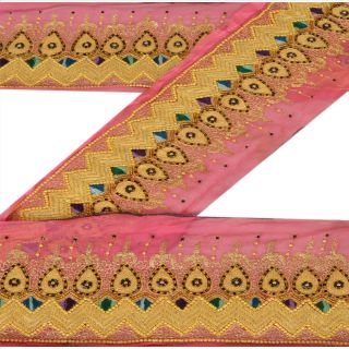 Vintage Sari Border Antique Hand Beaded Indian Trim Sewing Pink Zari Lace