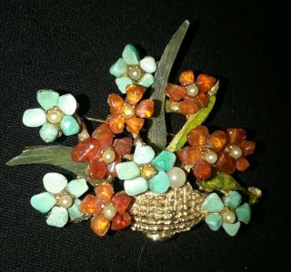 Vintage Swoboda Amber Turquoise Jade Flower Basket Pot Gems Stones Brooch Pin