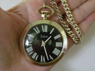 Vintage Sheffield Pendant Watch Necklace,  Swiss Made,  Gold Tone Metal w Black 2