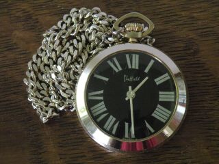 Vintage Sheffield Pendant Watch Necklace,  Swiss Made,  Gold Tone Metal w Black 3