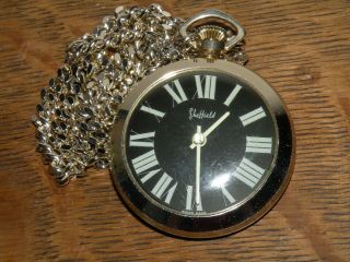 Vintage Sheffield Pendant Watch Necklace,  Swiss Made,  Gold Tone Metal w Black 4
