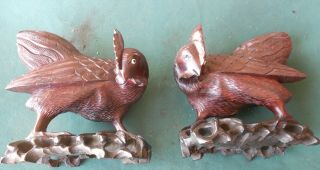 Pair Vintage Hand Carved Wooden Folk Art Chinese Roosters Statues Figures
