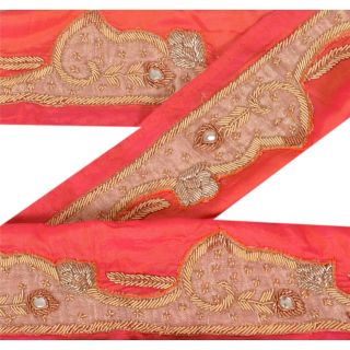 Sanskriti Vintage Sari Border Indian Craft Peach Trim Hand Beaded Sewing Lace