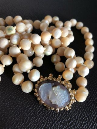 Vintage Two Strand Mother Of Pearl Necklace With Cameo Clasp