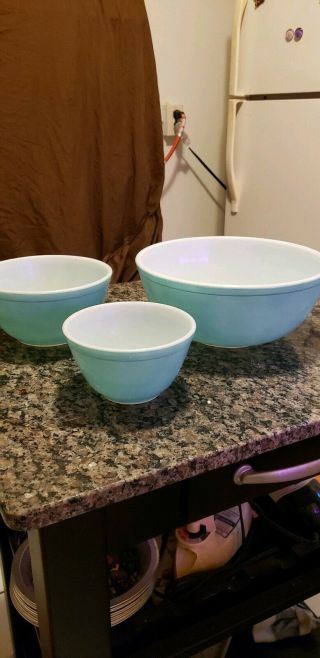 VINTAGE 3 - PIECE Turquoise PYREX MIXING BOWL/ OVEN WARE SET 401 - 402 - 404 2